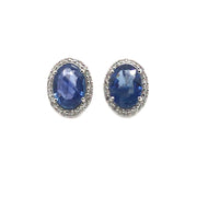 18K White Gold Oval Blue Sapphire And Diamond Stud Earring 7x5