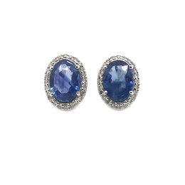 18K White Gold Oval Blue Sapphire And Diamond Stud Earring 7x5