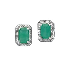 14K White Gold Emerald and Diamond Stud Earring 6x4
